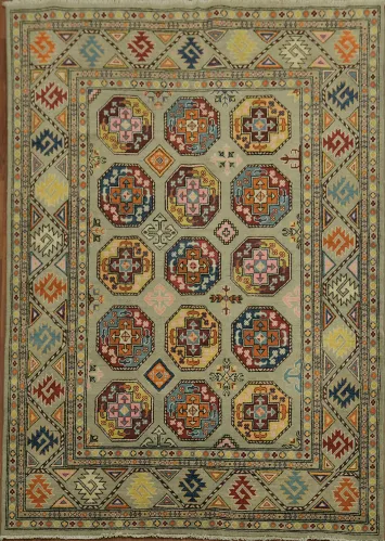 Geometric Green Kazak Tribal Rug with Vibrant Patterns 6x8