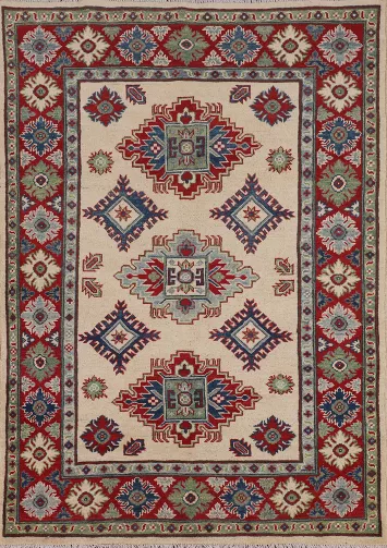 Ivory Wool Kazak Oriental Accent Rug 4x6