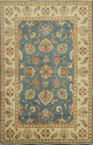Elegant Floral Peshawar Pakistani Motif Rug with Rich Blue and Gold Accents 4x6