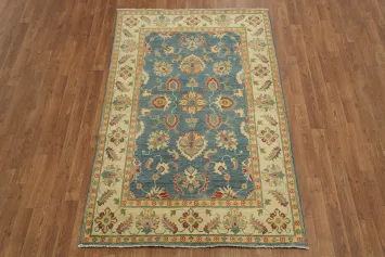 Elegant Floral Peshawar Pakistani Motif Rug with Rich Blue and Gold Accents 4x6
