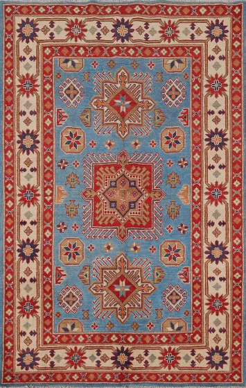 Blue Geometric Kazak Oriental Rug 4x6