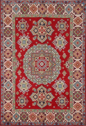 Red Geometric Kazak Wool Accent Rug 5x7