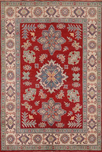 Red Geometric Kazak Handmade Accent Rug 5x7