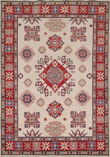 Ivory Wool Geometric Kazak Oriental Rug 5x7