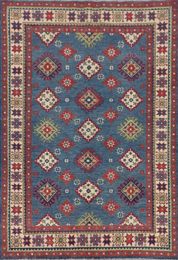 Blue Geometric Kazak Oriental Rug 4x6