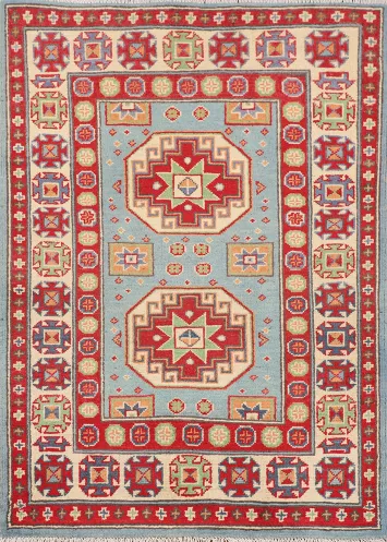 Light Blue Geometric Kazak Oriental Rug 3x4