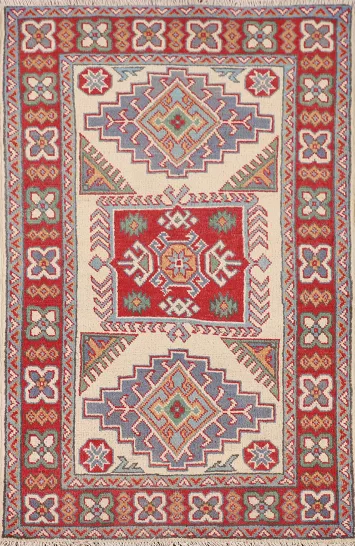 Ivory Geometric Kazak Oriental Rug 3x4