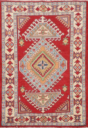 Red Geometric Kazak Oriental Rug 3x4