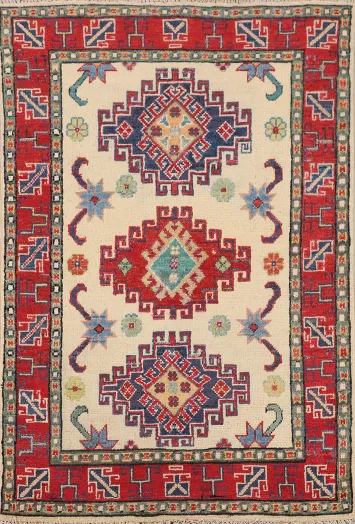 Ivory Geometric Kazak Oriental Accent Rug 3x4
