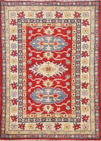 Red Geometric Kazak Oriental Rug 3x4