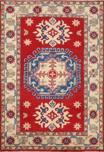 Red Geometric Kazak Oriental Wool Rug 3x4