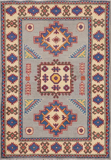 Gray Geometric Kazak Oriental Accent Rug 3x4