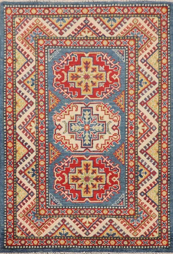 Blue Geometric Kazak Oriental Rug 3x4