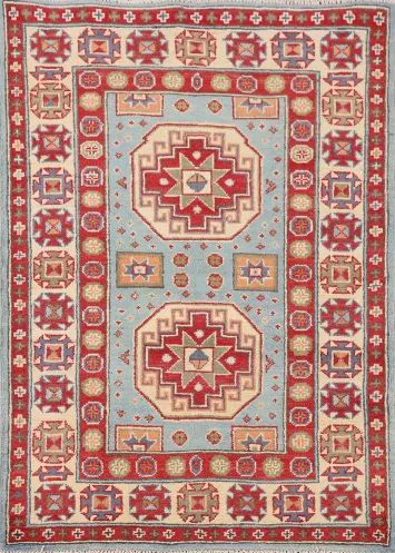 Light Blue Geometric Kazak Oriental Rug 3x4