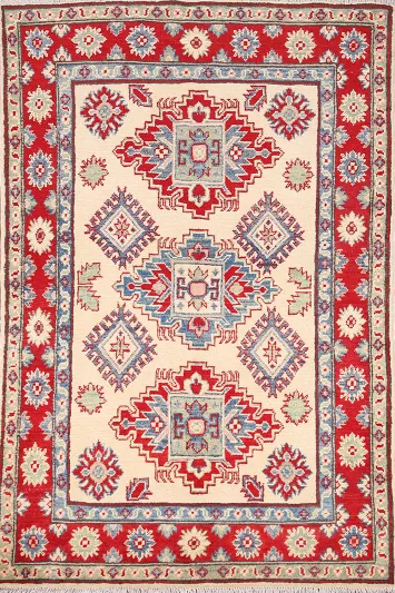 Ivory Wool Geometric Kazak Oriental Rug 3x5