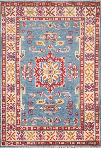 Light Blue Geometric Kazak Oriental Rug 3x5