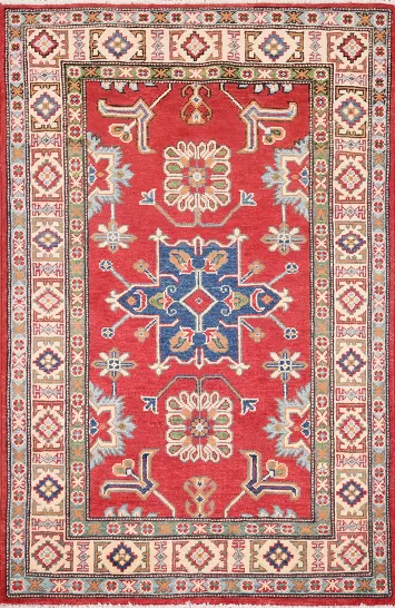Geometric Red Wool Kazak Oriental Rug 3x5