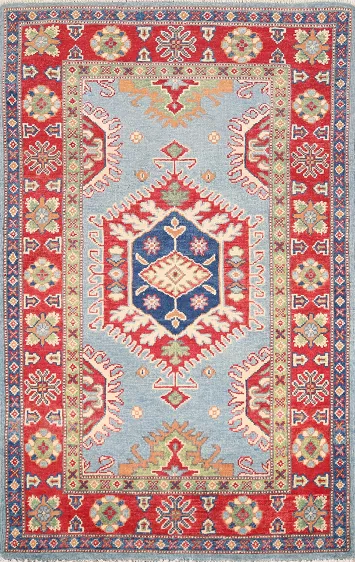Light Blue Geometric Kazak Oriental Rug 3x5