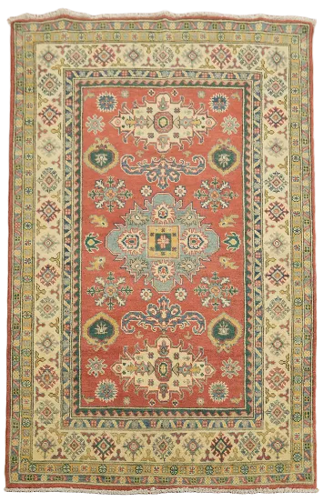 Vintage Inspired Red and Cream Kazak Tribal Wool Rug 4x6 ft