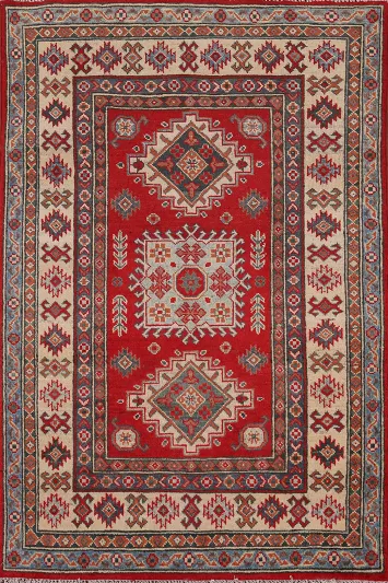 Red Geometric Kazak Oriental Accent Rug 3x5