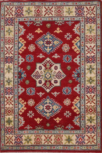 Red Geometric Kazak Oriental Accent Rug 3x5