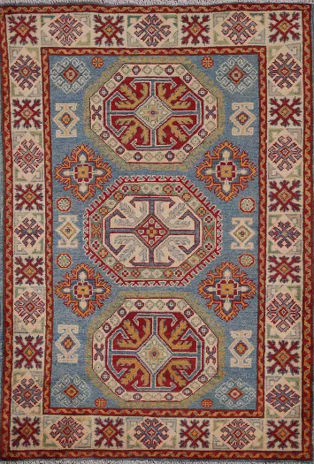 Blue Geometric Kazak Oriental Rug 3x5