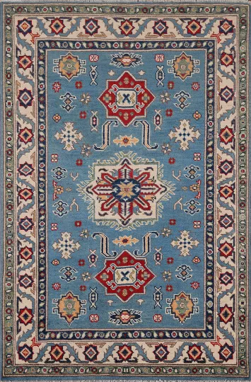 Blue Geometric Kazak Oriental Accent Rug 3x5