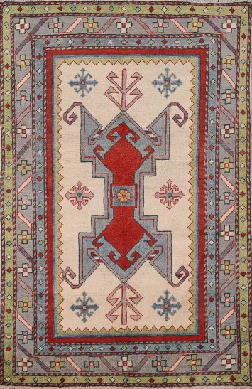 Ivory Geometric Kazak Oriental Accent Rug 3x5
