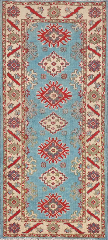 Light Blue Kazak Oriental Runner Rug 2x6