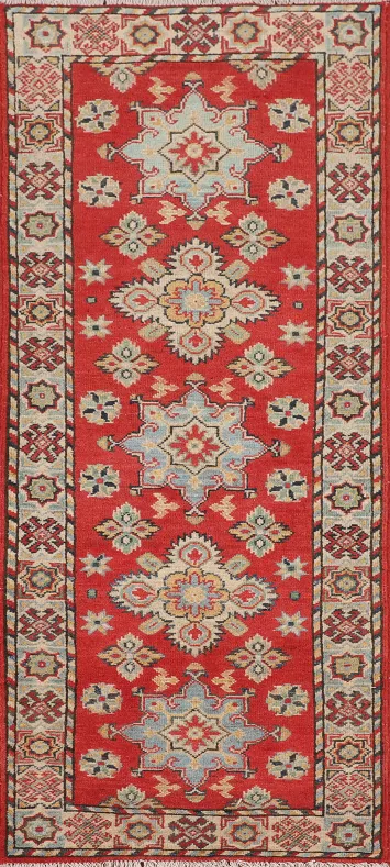 Geometric Red Kazak Oriental Runner Rug 2x6