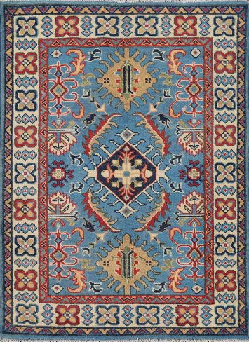 Blue Geometric Kazak Accent Rug 3x4