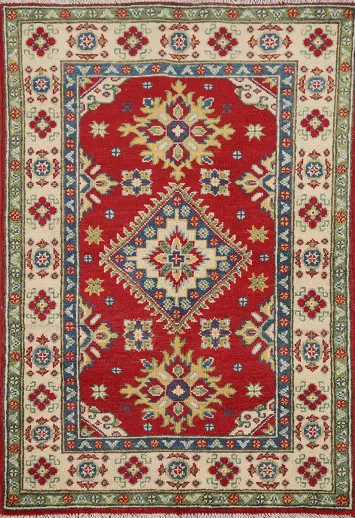 Red Geometric Kazak Wool Accent Rug 3x4