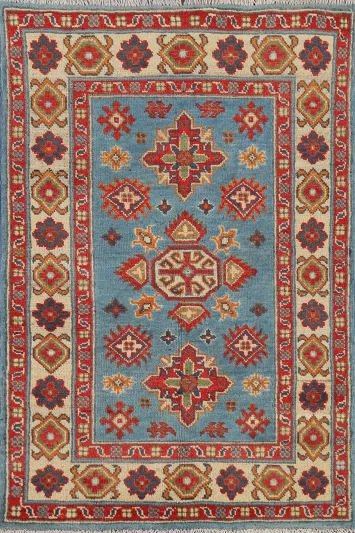 Light Blue Geometric Kazak Accent Rug 3x4