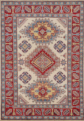 Ivory Wool Kazak Handmade Accent Rug 4x6