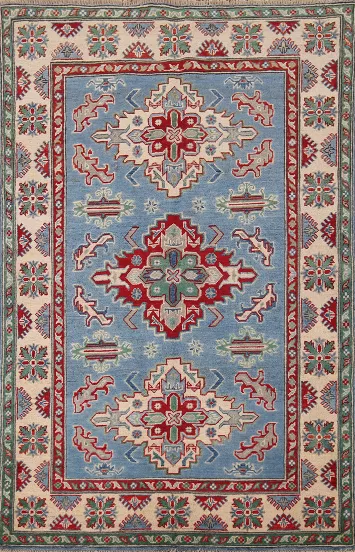 Blue Geometric Kazak Oriental Accent Rug 4x6