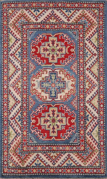 Blue Geometric Kazak Handmade Accent Rug 3x4