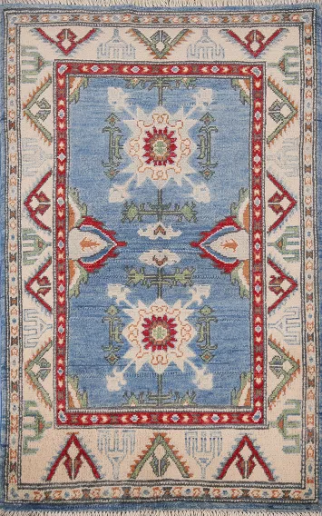 Light Blue Kazak Wool Foyer Rug 3x4