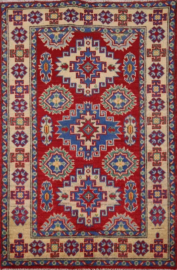 Red Geometric Wool Kazak Oriental Rug 3x4