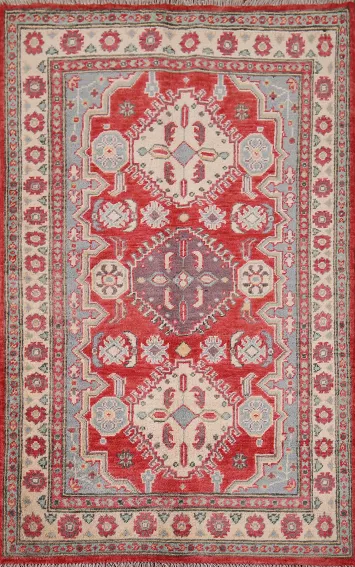 Geometric Red Kazak Handmade Wool Rug 3x4