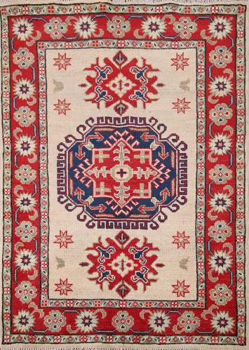 Ivory Geometric Kazak Wool Accent Rug 3x4