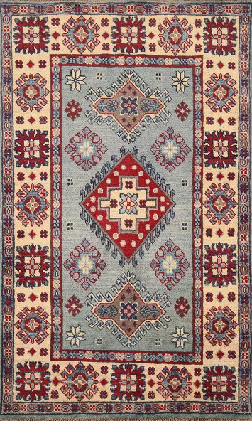 Light Blue Geometric Kazak Wool Foyer Rug 3x4
