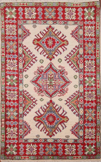 Ivory Wool Kazak Oriental Accent Rug 3x4