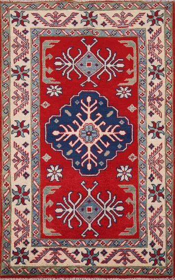 Red Geometric Kazak Wool Foyer Rug 3x4