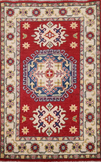 Red Geometric Kazak Handmade Wool Rug 3x4