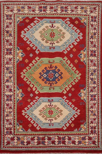 Red Geometric Kazak Handmade Wool Rug 3x5