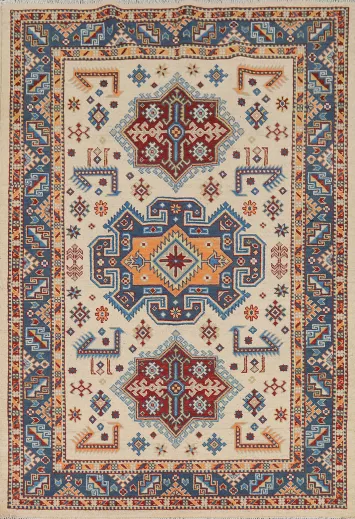 Geometric Ivory Kazak Accent Rug 4x6