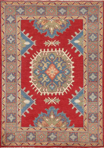 Red Geometric Kazak Oriental Accent Rug 3x5