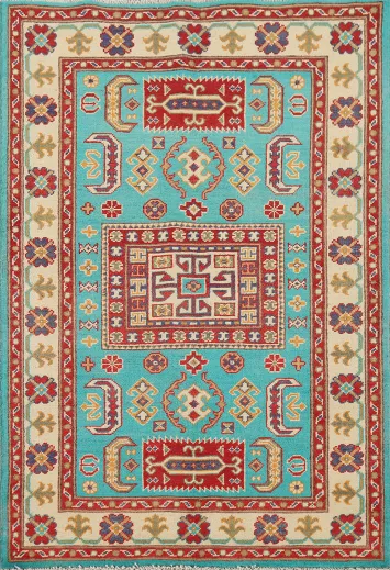 Turquoise Blue Kazak Handmade Wool Rug 3x5