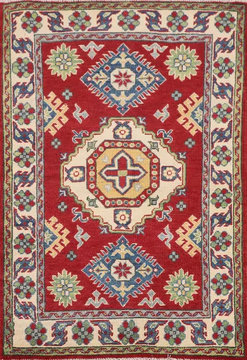 Red Geometric Kazak Oriental Accent Rug 3x4