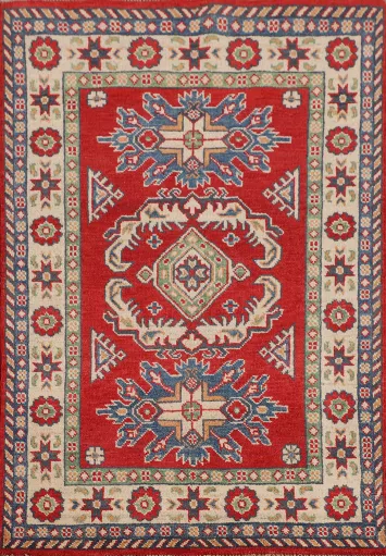 Geometric Red Kazak Oriental Accent Rug 3x4